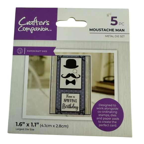 Packaging of Crafters Companion Moustache Man metal die set on a white background