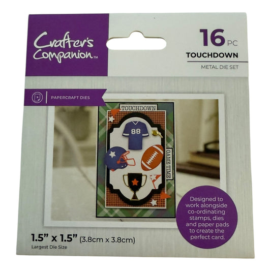 Packaging of Crafters Companion metal die set with football-themed design