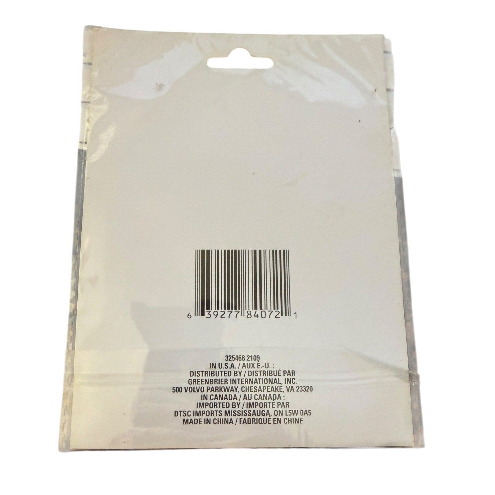 The back of a clear plastic hang package with a barcode and printed shipping/distributor text, shown on a white background.