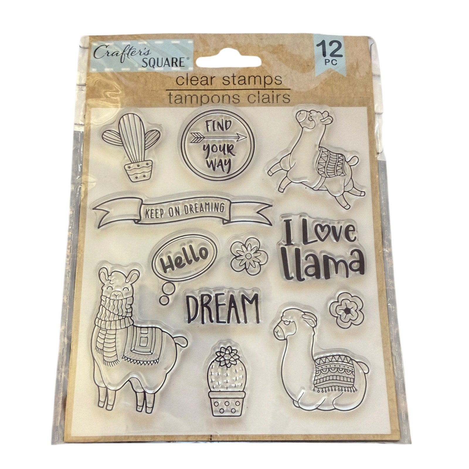Crafter's Square clear stamps in retail packaging, featuring llama and cactus designs with phrases like 'Find Your Way', 'Keep On Dreaming', 'Hello', and 'I Love Llama'.