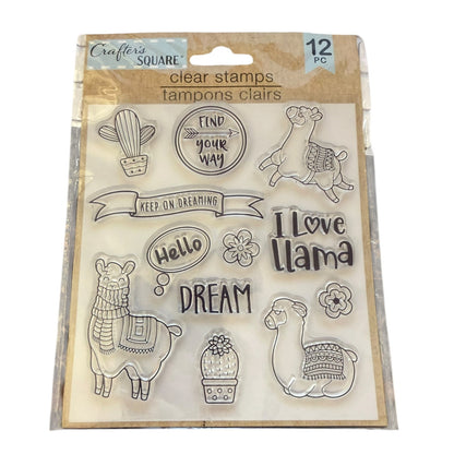 Crafter's Square clear stamps in retail packaging, featuring llama and cactus designs with phrases like 'Find Your Way', 'Keep On Dreaming', 'Hello', and 'I Love Llama'.