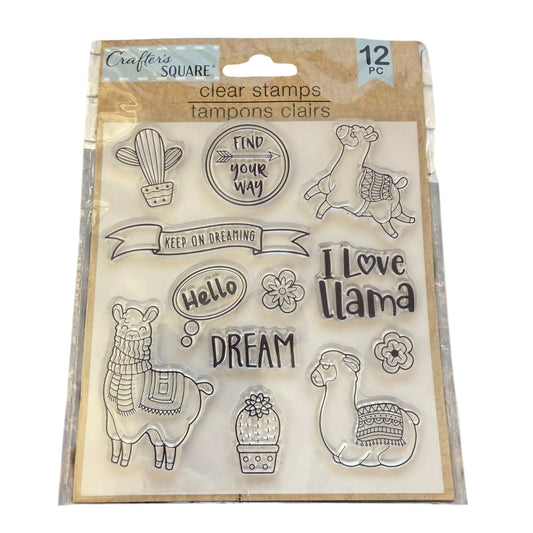Crafter's Square clear stamps in retail packaging, featuring llama and cactus designs with phrases like 'Find Your Way', 'Keep On Dreaming', 'Hello', and 'I Love Llama'.