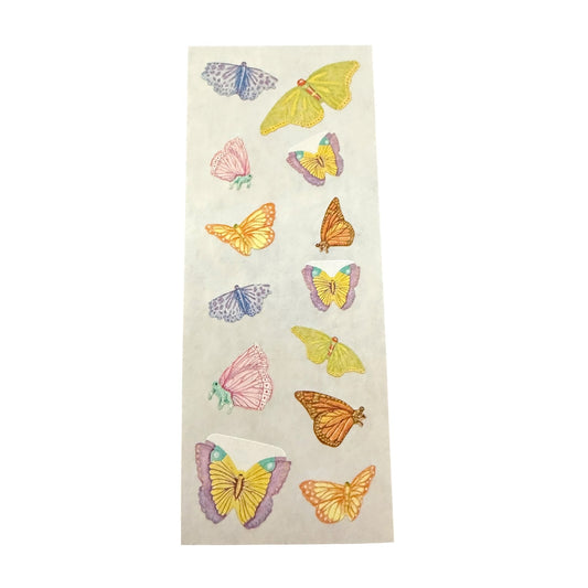 A sheet of butterfly stickers on a white background, featuring various colorful insects in yellow, orange, pink, and purple.