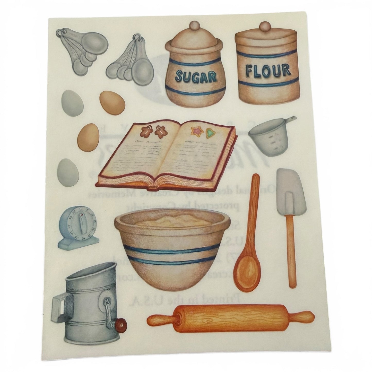 Illustrated stickers of kitchen items including a bowl, rolling pin, and measuring cups on a white background