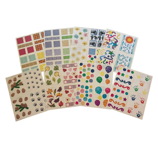 A set of eight colorful sticker sheets arranged in a fan shape on a plain white background. The sheets feature various patterns, including paw prints, pinecones, leaves, stars, handprints, and geometric designs.