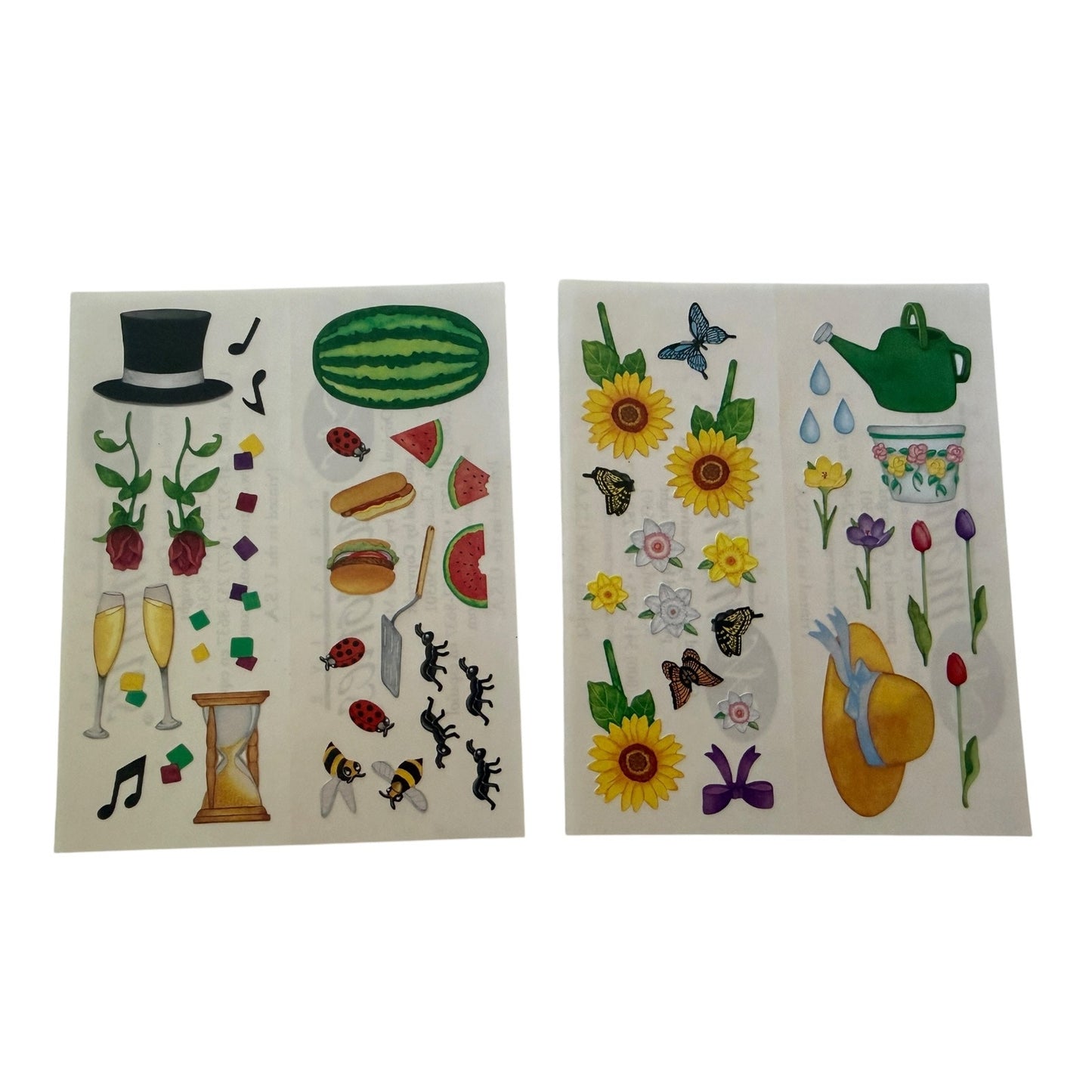 Two sheets of colorful stickers featuring various whimsical designs including sunflowers, watermelons, butterflies, a top hat, champagne glasses, and a green teapot on a white background.