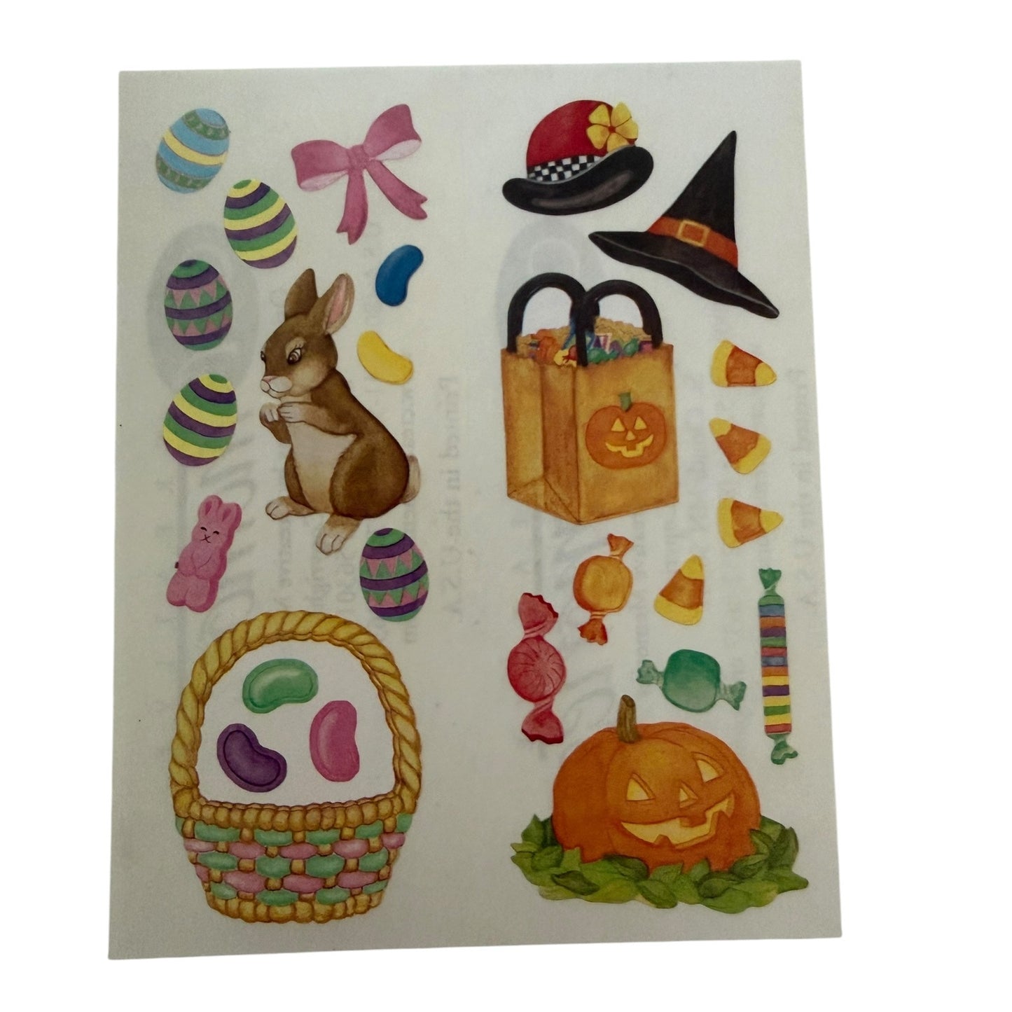 A sheet of Halloween and Easter-themed stickers featuring a brown bunny, striped eggs, a pink bow, a witch hat, candy corn, a jack-o'-lantern, a gift bag, and a basket on a white background.