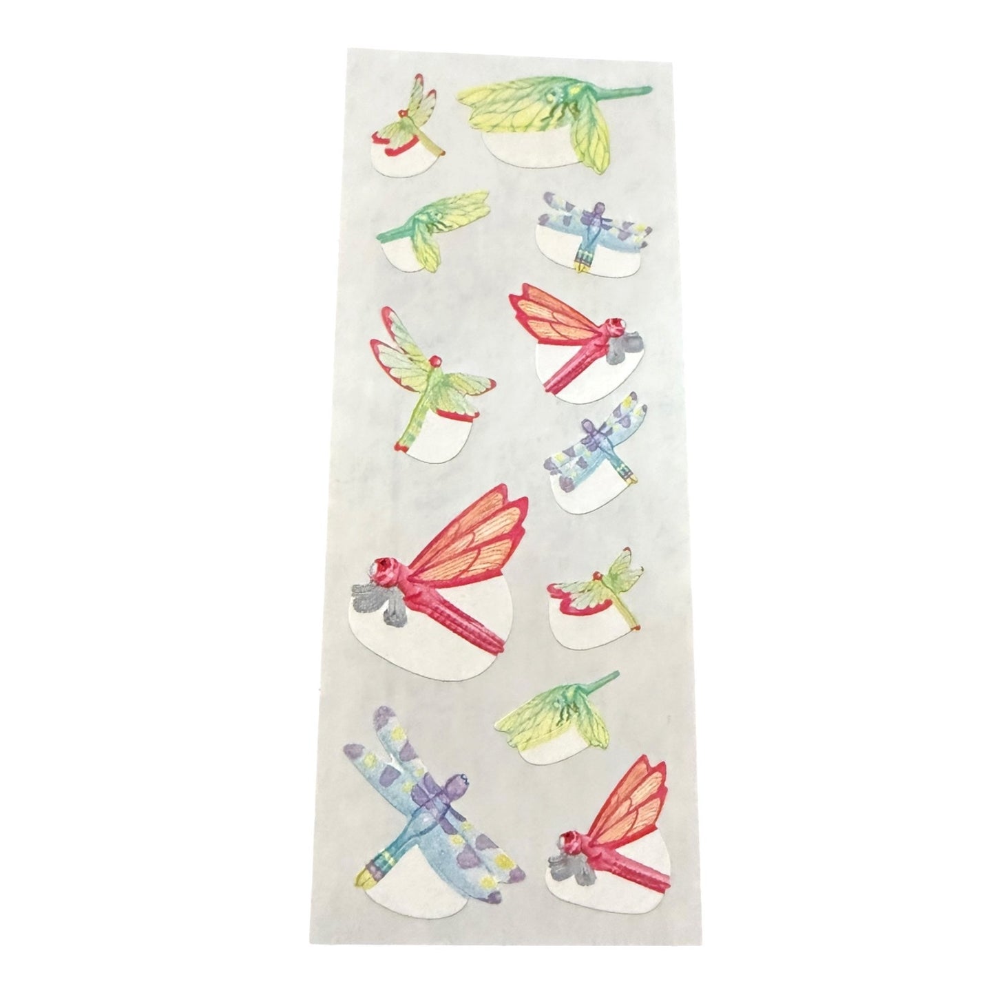 A sheet of multicolor dragonf;y stickers on a white sheet with a white background