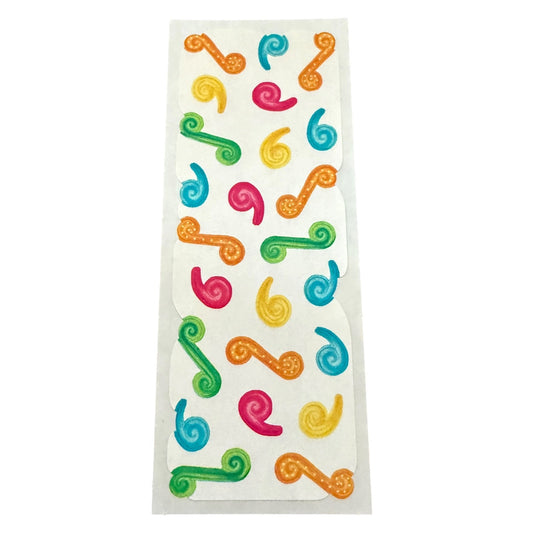 A sheet of decorative stickers featuring colorful spiral designs in orange, green, blue, pink, and yellow on a white backing paper, set against a plain white background.