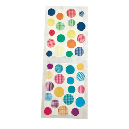 Front of sticker sheet with multicolor stickers on a white sheet on a shite background. 