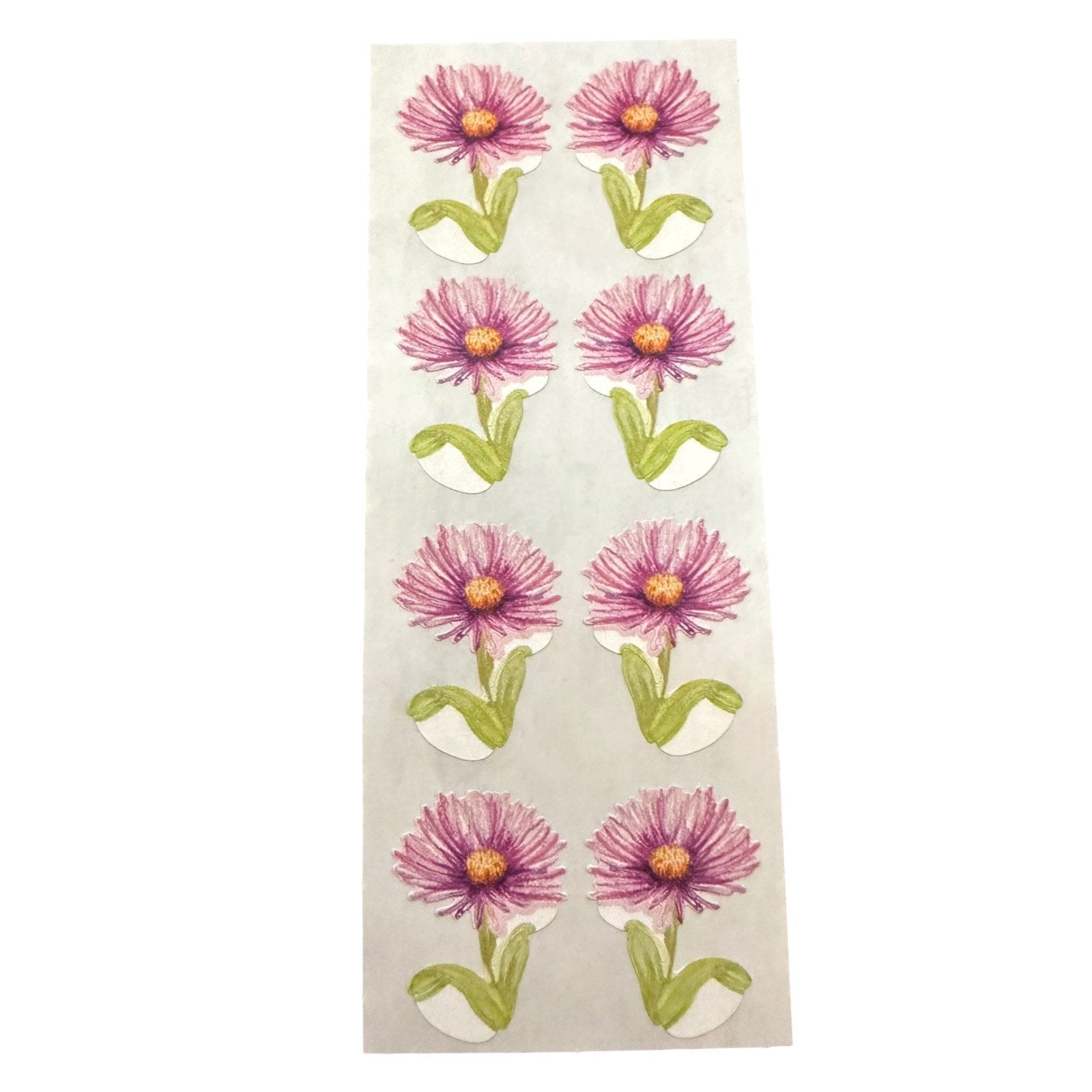 A sheet of stickers featuring a repeating watercolor-style floral design with pink-purple petals, yellow centers, and green stems on a white background.