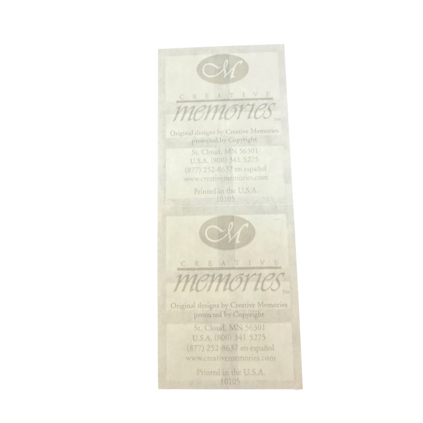 Sticker sheet with  'Creative Memories' branding and contact details printed in gray, shown on a plain white background.