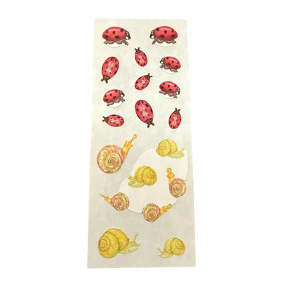 A sheet of decorative stickers featuring watercolor-style ladybugs in red and snails in yellow and beige, on a white background.