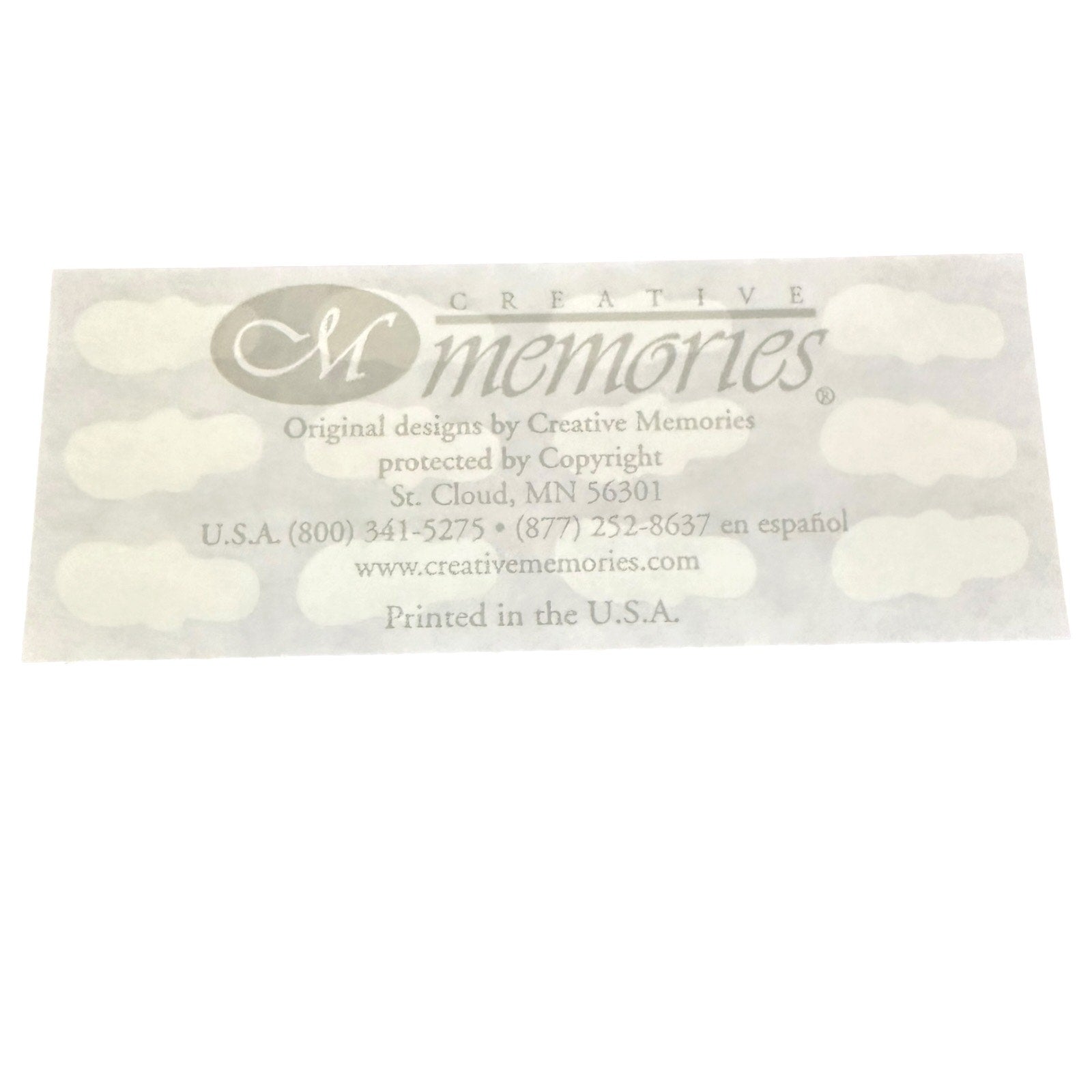Creative Memories info on the back of a sticker sheet with contact info on a white background. 