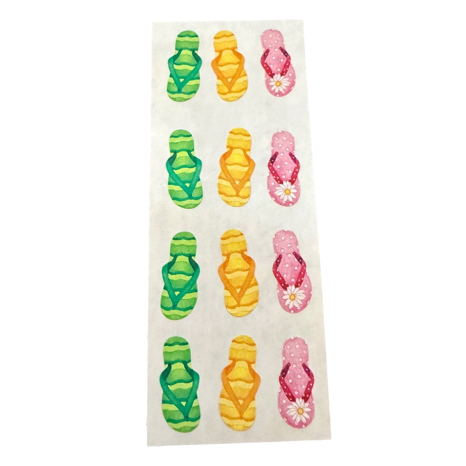 Gree, yellow and red flip flop stickers on a white sheet on a white background