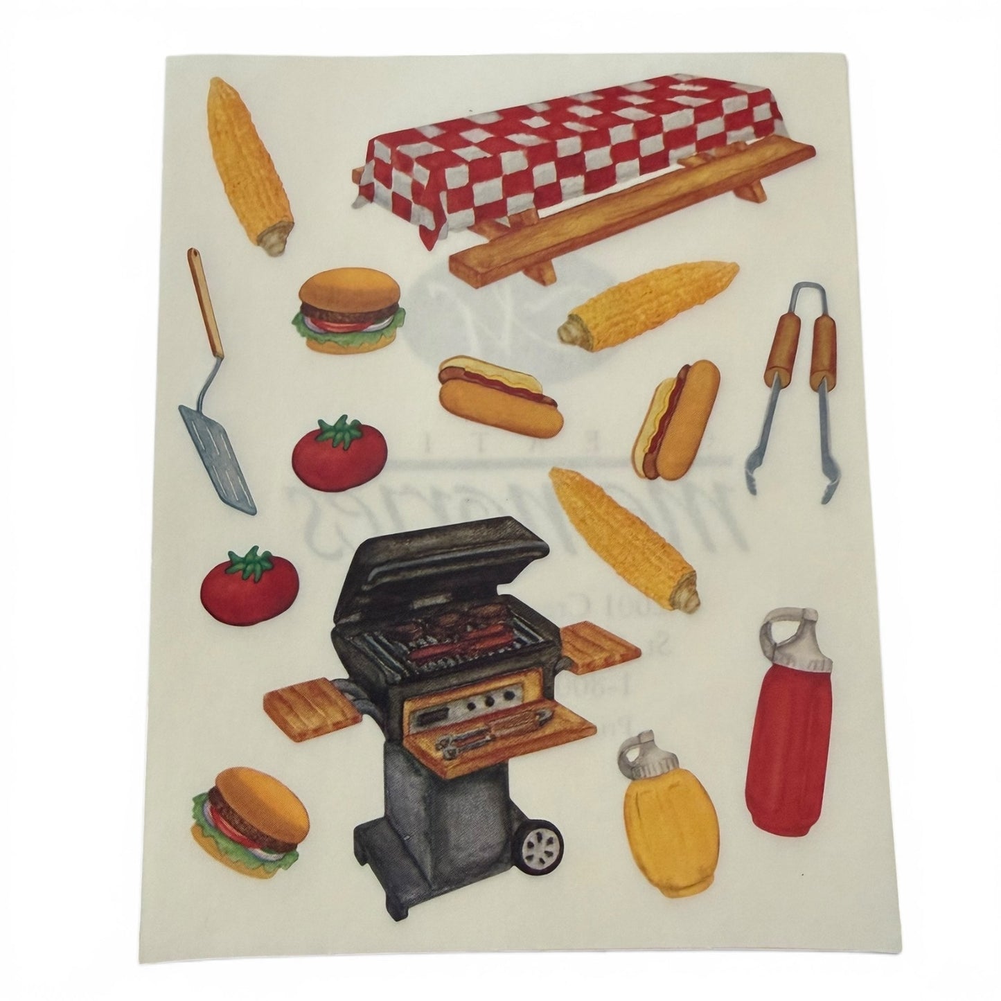Sticker sheet with barbecue-themed items including a grill, burgers, hot dogs, corn, and a bottle.