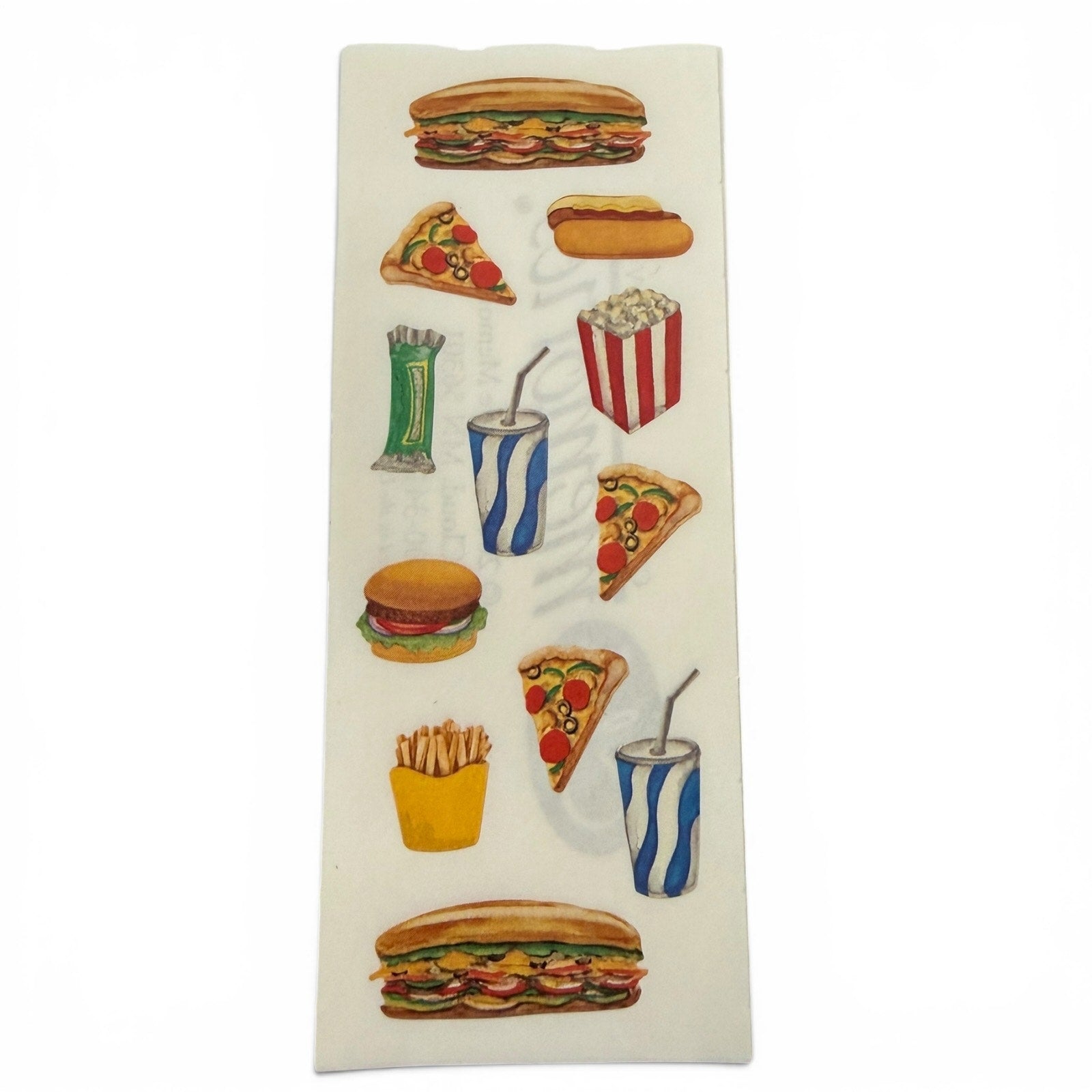 Pizza, drinks, popcorn and other food type stickers on a white background. 