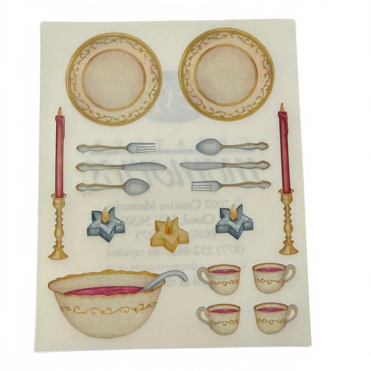 Stickers of tableware including plates, utensils, candles, and bowls on a white background.