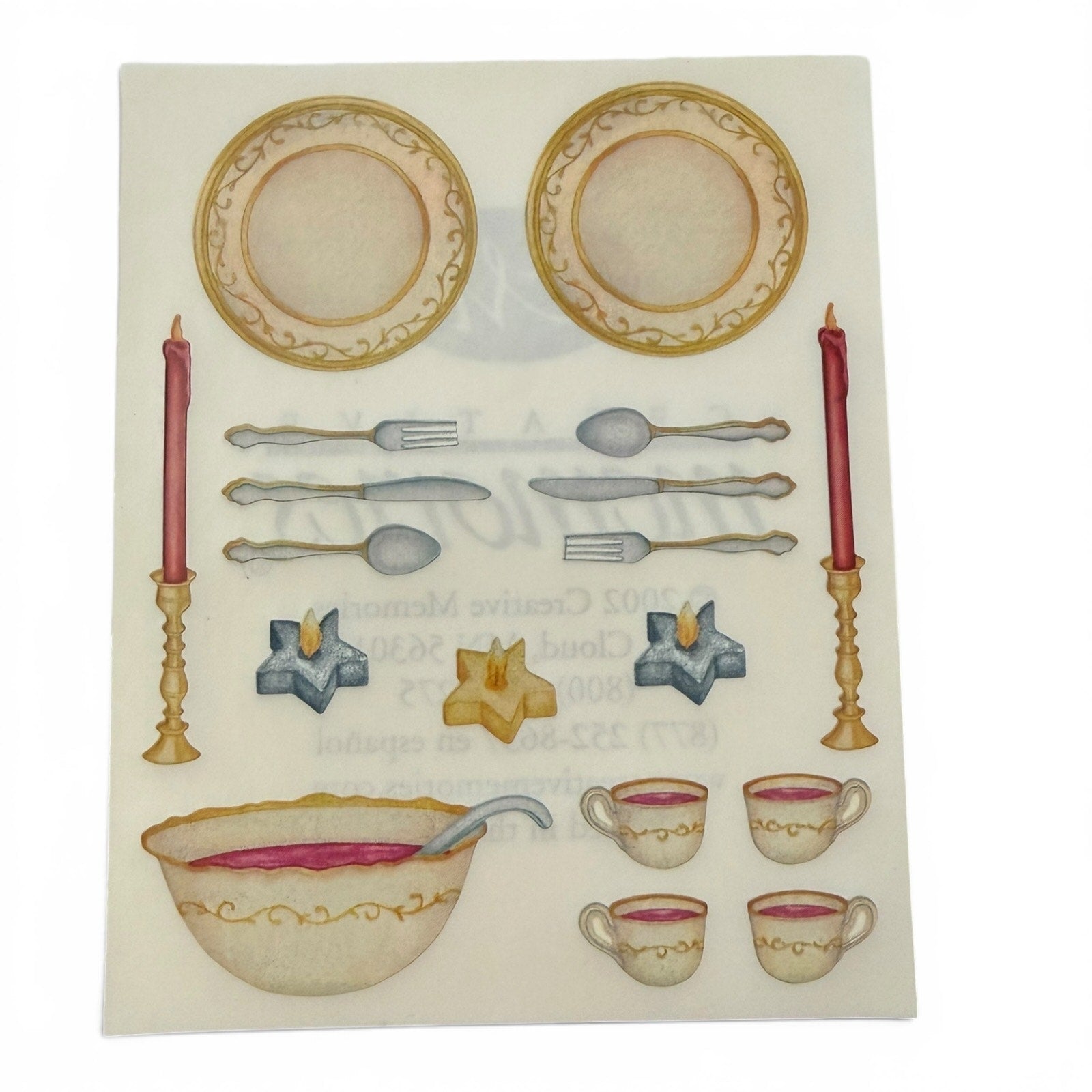 Stickers of tableware including plates, utensils, candles, and bowls on a white background.
