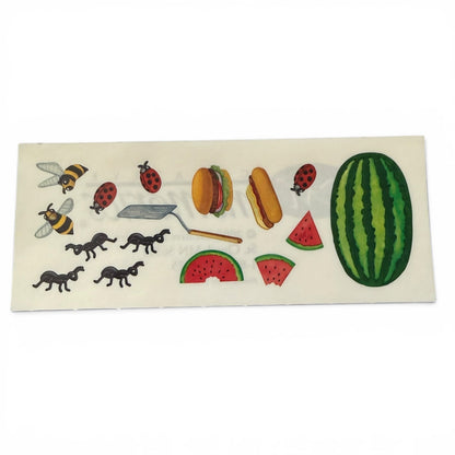 Sheet of stickers with various designs including watermelons, hamburgers, and insects on a white background.