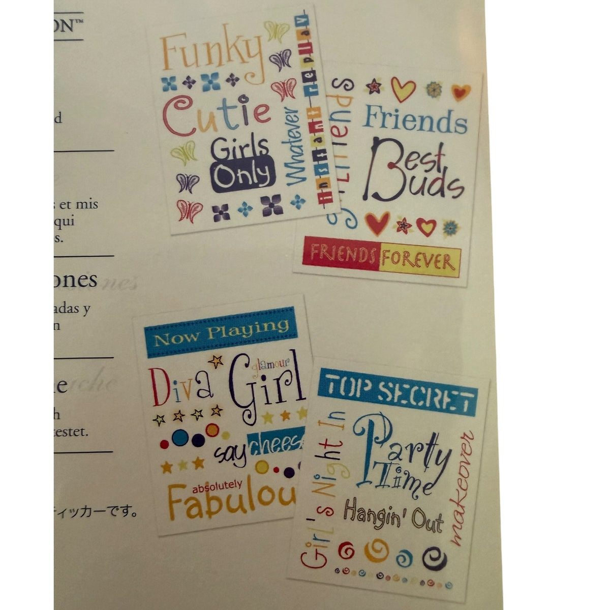 Collection of colorful text-based stickers on a white background