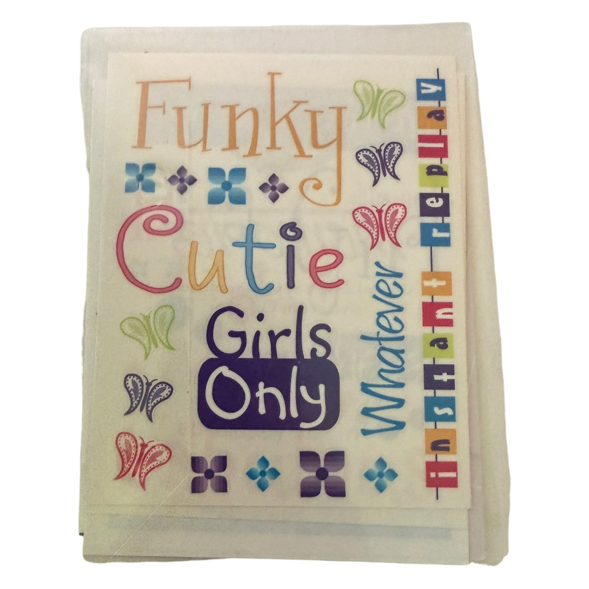 Stickers with colorful text and butterfly designs on a white background