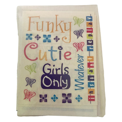 Stickers with colorful text and butterfly designs on a white background