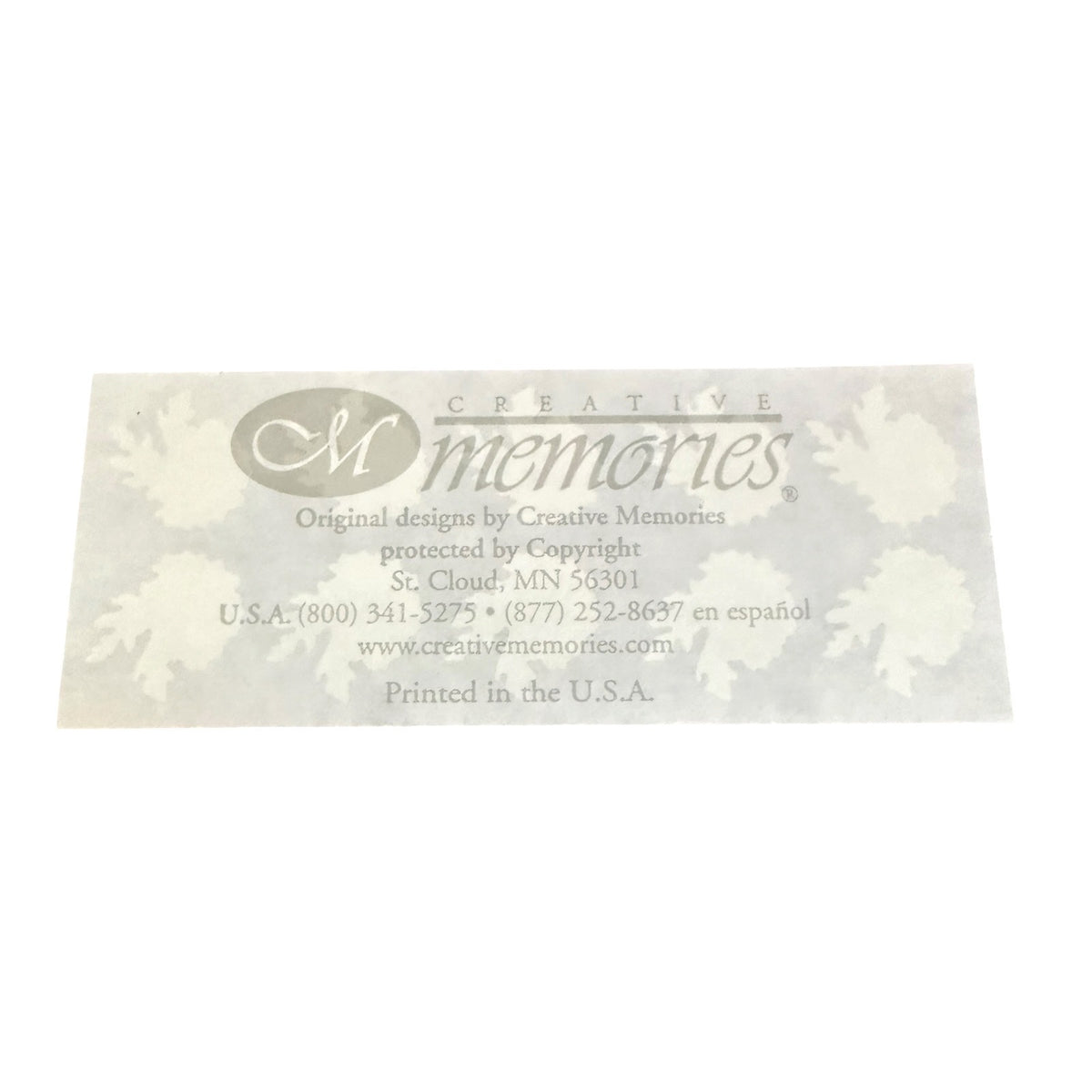 A rectangular printed sticker sheet with the 'Creative Memories' logo and contact details, shown on a plain white background.