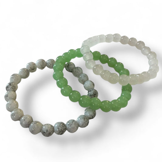 Gray Green White Bohemian Handmade Set Of 3 Stretch Bracelets