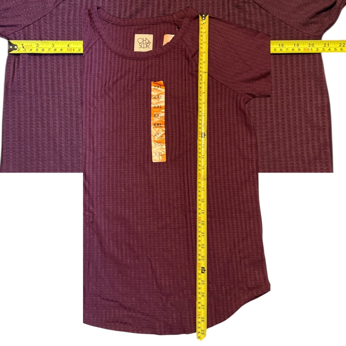 Purple textured shirt with a measuring tape and brand label on a white background