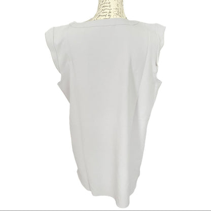 A light gray sleeveless top displayed on a mannequin torso against a plain white background.