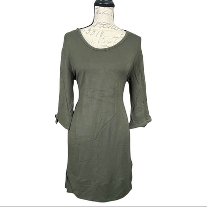 An olive green long-sleeve tunic dress displayed on a vintage-style mannequin torso against a plain white background.