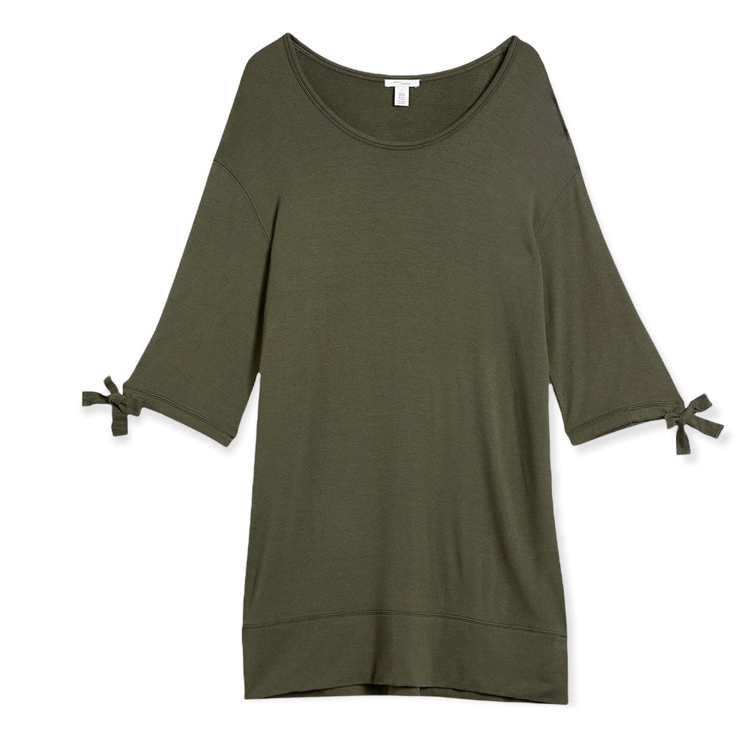 An olive green three-quarter sleeve dress with small bow details at the cuffs, displayed flat against a white background.
