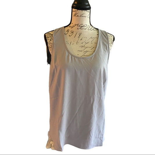 Front of gray tank top on a mannequin with text design on a white background