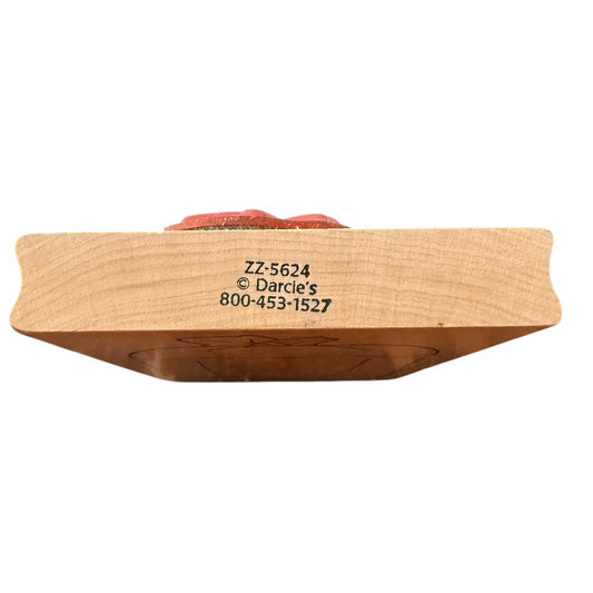 Wooden product with 'Darcie's' branding and contact number on a white background