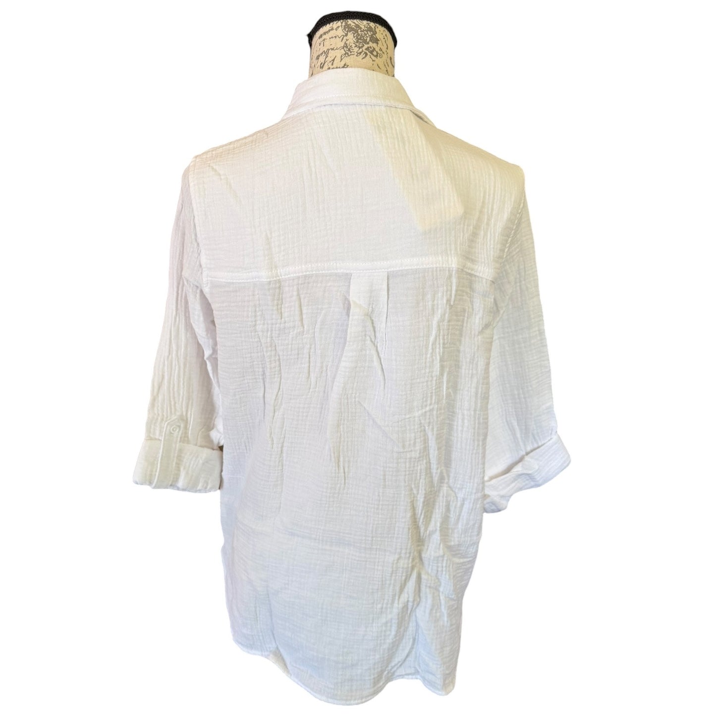 Anne Klein White Rolled Sleeve Cotton Textured Shirt Size Small