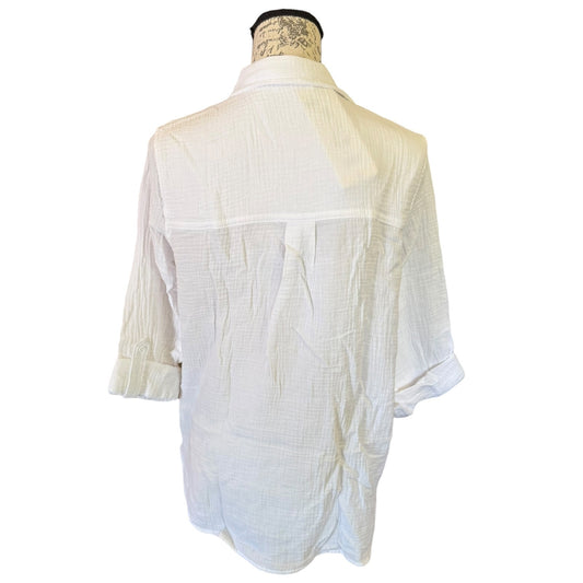 Anne Klein White Rolled Sleeve Cotton Textured Shirt Size Small