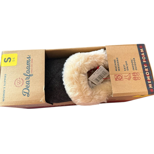 Bbox of Dearfoams slippers with a fluffy interior and visible brand name.