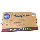Box of Dearfoams memory foam with branding and product details on a white background