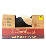 Slipper in a Dearfoams packaging box with product details on a white background