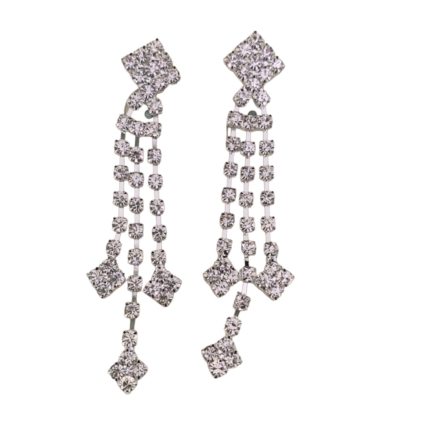 A pair of silver-toned dangle earrings embellished with clear rhinestones in a geometric, multi-tiered design, shown against a plain white background.
