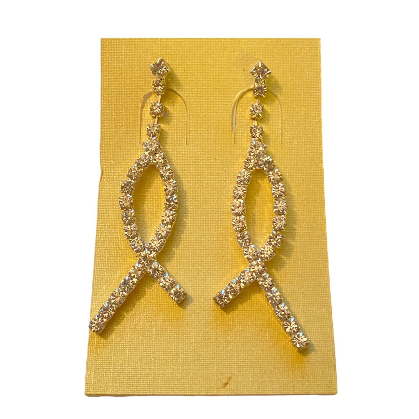 Dangle bling earrings on a yellow card