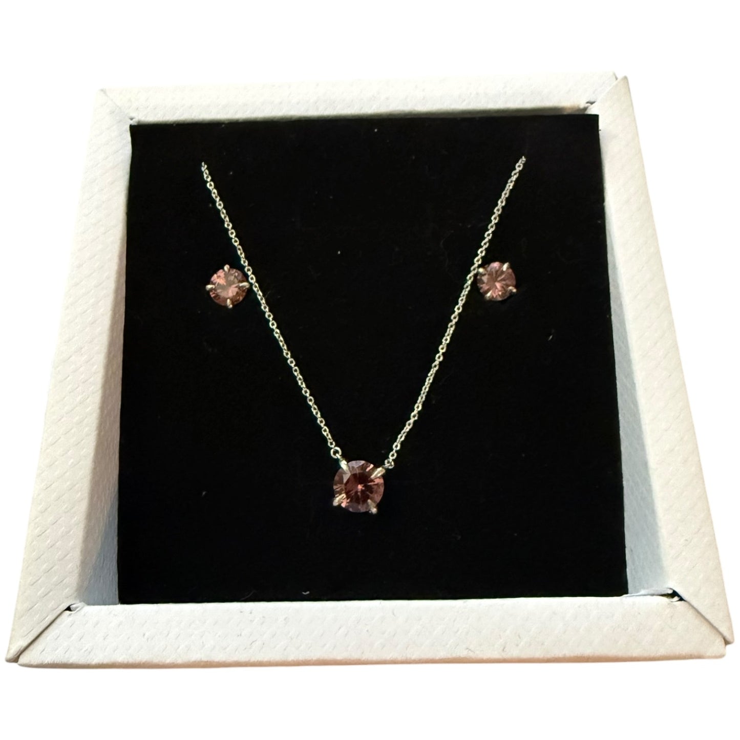 Diamond Nexus 3 Piece Gift Set Pink CZ Stud Earrings Necklace Sterling Silver