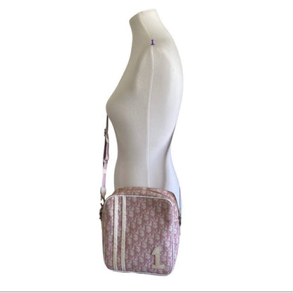 Mannequin wearing a pink and white patterned bag on a white background
