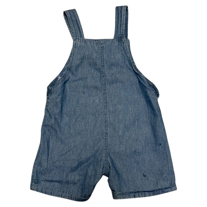 Back of Blue denim overalls on a white background