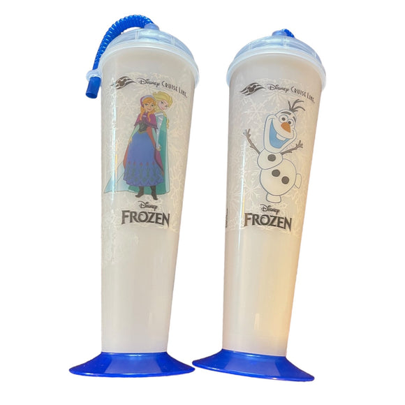 Two Disney Frozen-themed sippy cups on a white background