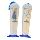 Two Disney Frozen-themed sippy cups on a white background