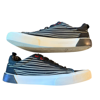 Pair of striped sneakers on a white background