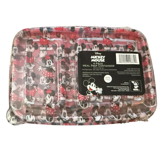 Minnie and Mickey Mouse red and clear food container on a white background. 