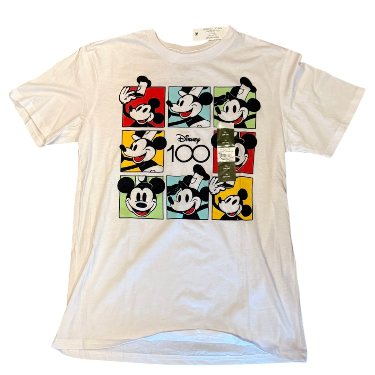 A white Disney Mickey Mouse 100th Anniversary graphic t-shirt , displayed flat against a white background.